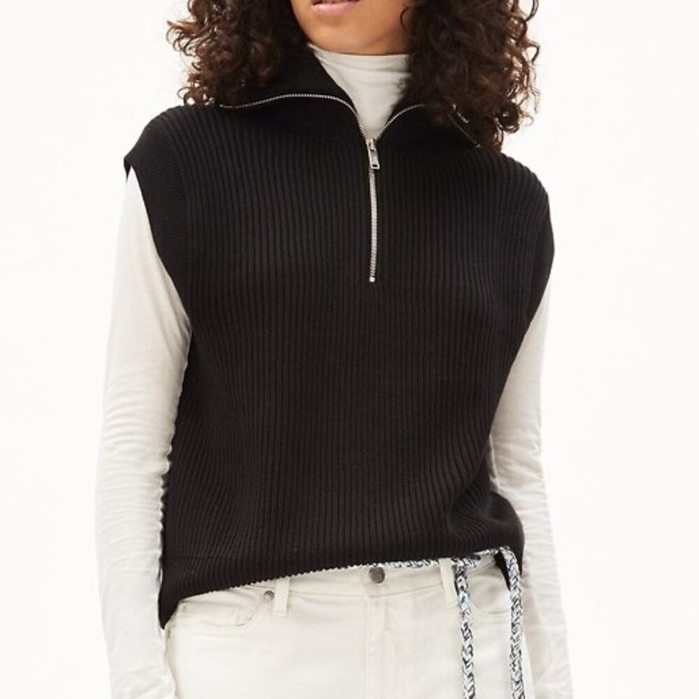 Armedangels Aylaa Sleeveless Sweater Ribbed Black Knit Vest Zip Collar Women XS